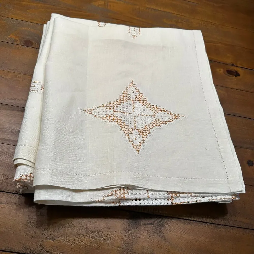 Vintage Hand-Stitched Irish Linen Tablecloth Cream Gold 63